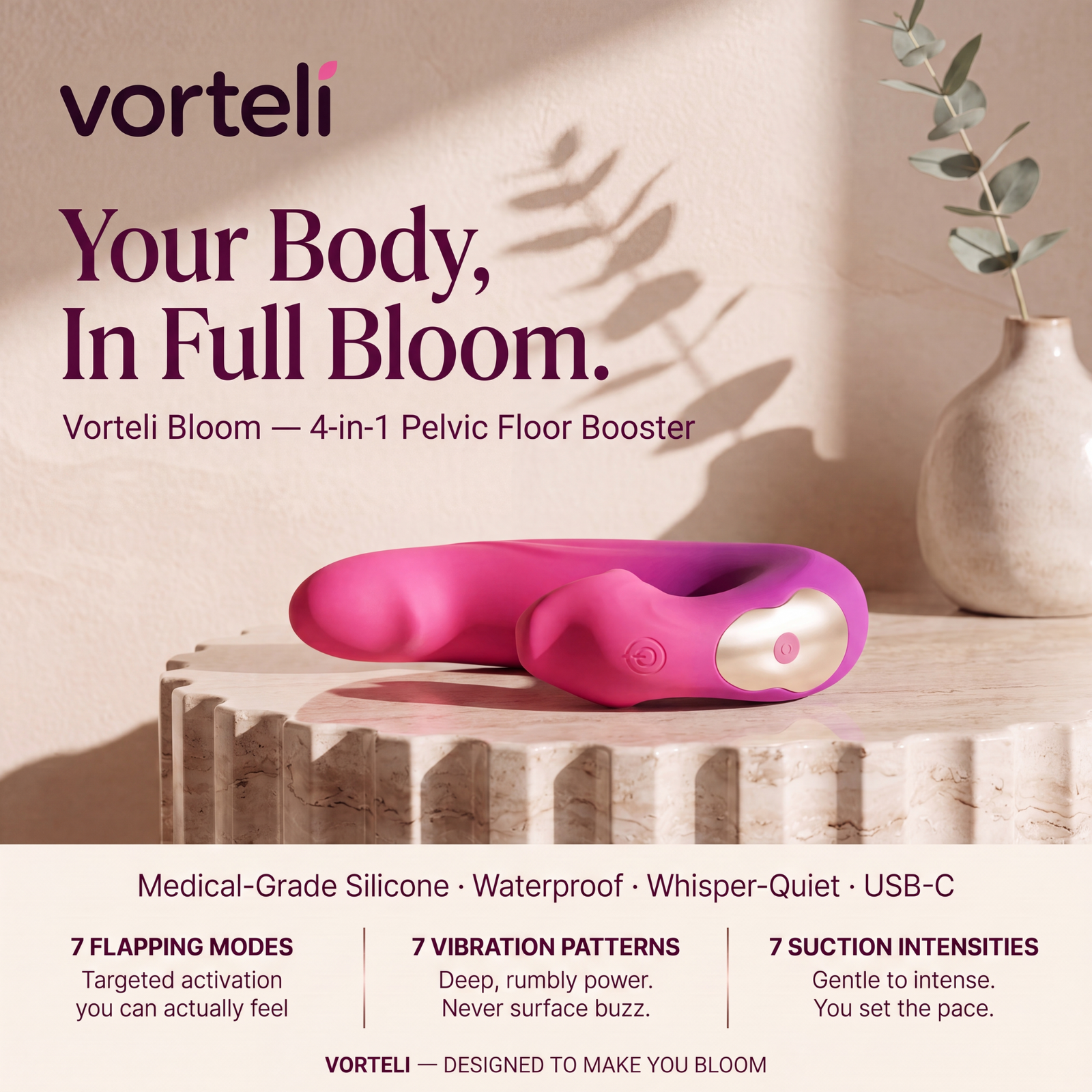 Vorteli Bloom Pro 4-in-1 pelvic floor booster on a travertine pedestal